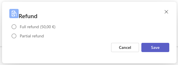 In the refund panel, you can choose between full and partial refund