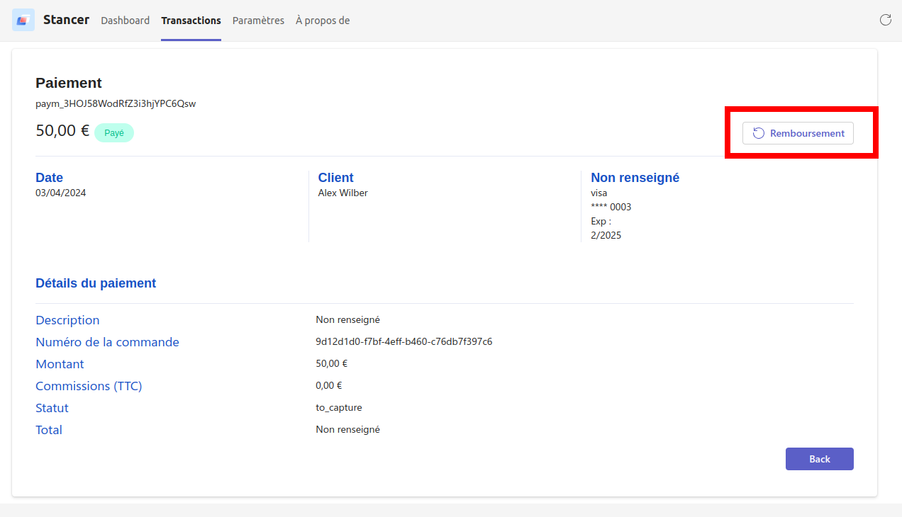 Position du bouton "Remboursement" dans la page détails d'un paiement