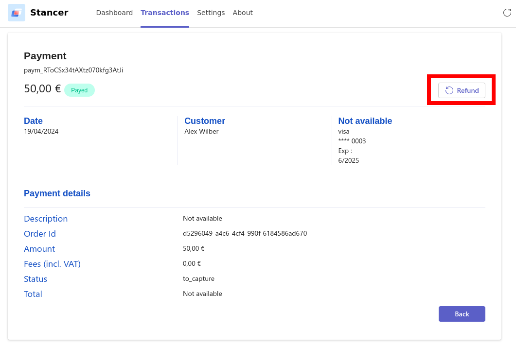 The "Refund" button allows you to refund a given payment